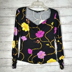 INC International Concepts Neckline Ruched Front and Sleeves T-shirt Black M NWT